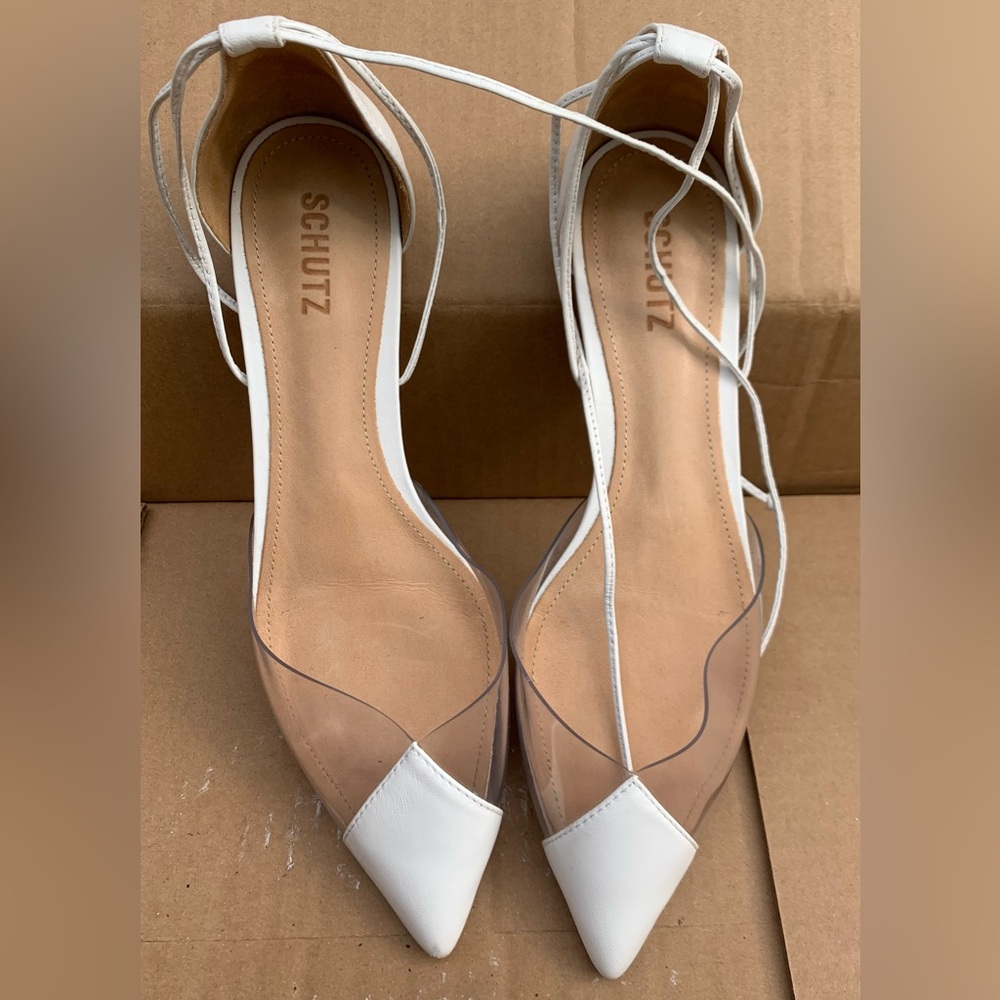 SCHUTZ Merry White Ballet Flats with Clear Vinyl Point Toe Lace Up Women 10
